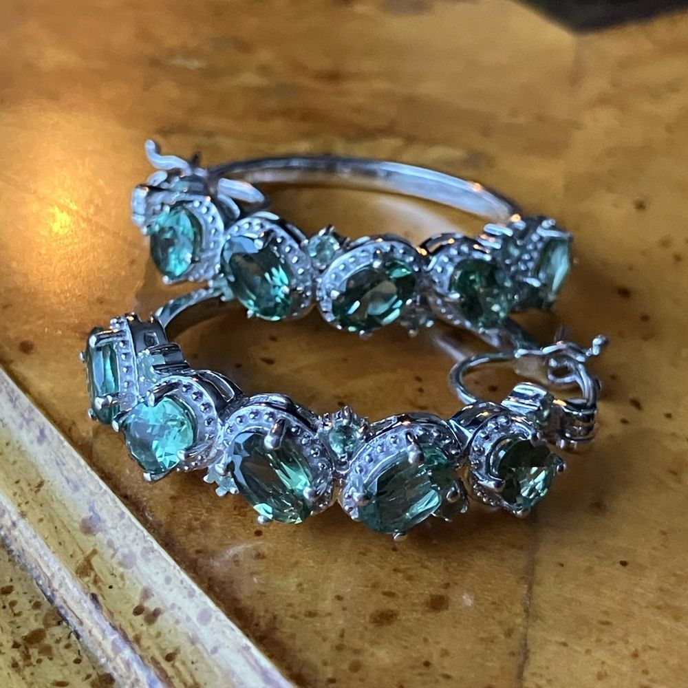 Natural Green Apatite Sterling Silver Hoop Earrings